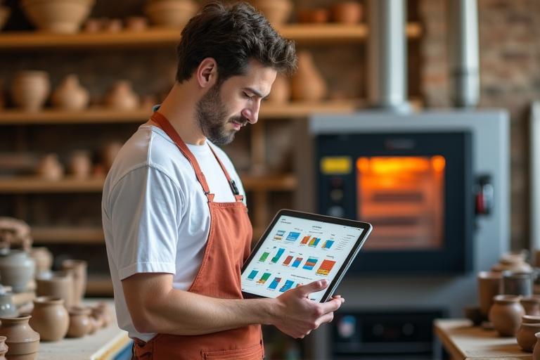 A ceramicist reviewing AI-driven quality metrics on a tablet in a pottery studio
