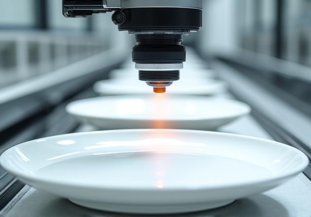 High resolution camera inspecting ceramic plate surfaces