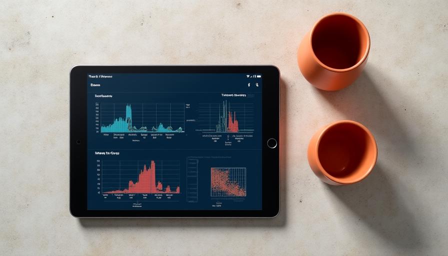A sleek tablet displaying a GlazeMetrics dashboard with complex thermal graphs and ceramic production data