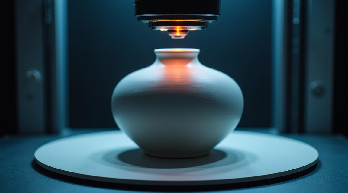 Close-up of a ceramic vase being scanned by a high-tech laser inspection light