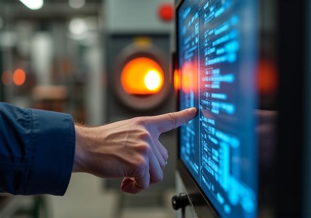 Close up of a technician checking a modern digital kiln control panel