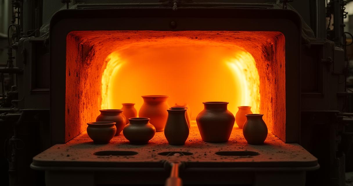 Close-up of a high-temperature industrial ceramic kiln firing with a glowing orange interior