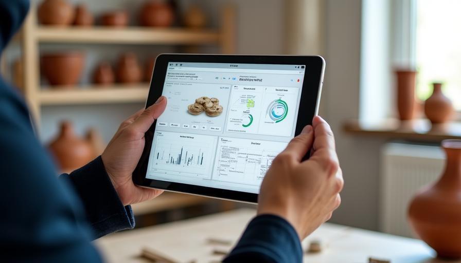 A sleek tablet displaying ceramic production analytics in a modern studio environment
