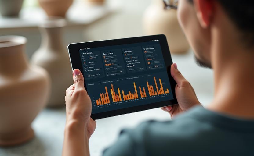 Modern tablet displaying GlazeMetrics supply chain dashboard with inventory charts and material icons