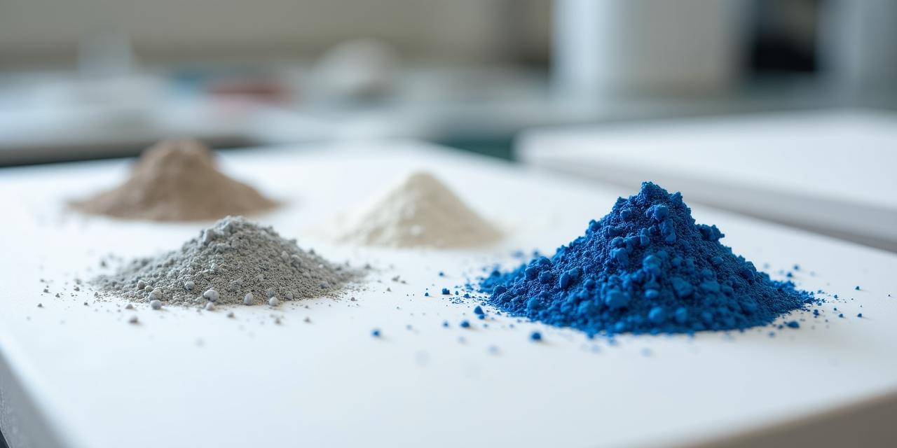 Close-up of raw ceramic minerals and oxides on a laboratory table